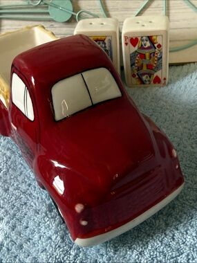 Ceramic Red Vintage Truck and Mini Salt and Pepper Poker Playing cards.